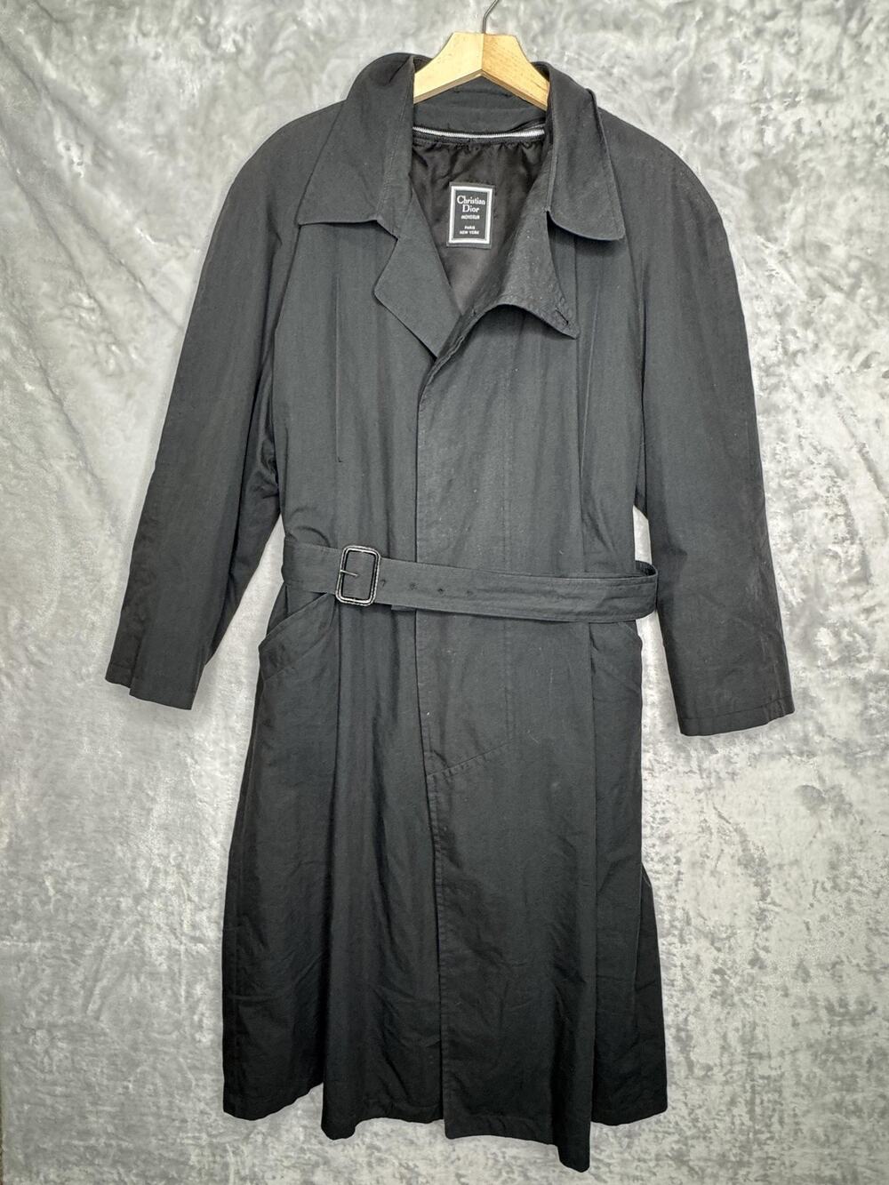 Vintage Christian Dior Trench Coat Mens 38S Black Belted Wool Lined Rain